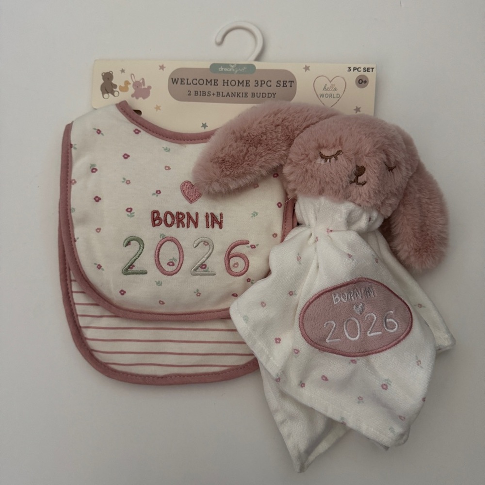NEW Welcome Home 3-Piece Baby Set Bibs and Pink Bunny Lovey | DreamGro